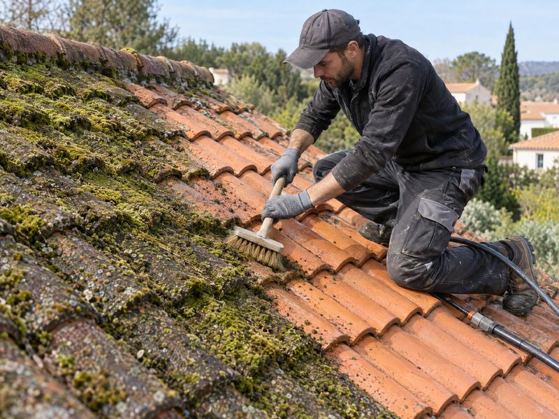 Démoussage d'une toiture en tuiles